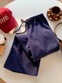 SHEIN EZwear 女式纯色系腰宽松羊毛裤 - 藏蓝色 - 查看 4
