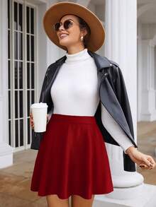 SHEIN Frenchy Women's Casual Everyday Office Commute Solid Color Umbrella Hem Short Skirt, Summer Spring - Red - View 6