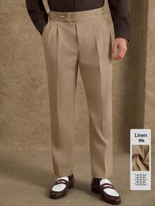 Core Aspect Pantalones de lino de unicolor para hombre con doble pliegue y presillas para cinturón, pantalones rectos casuales y de negocios con pierna recta y tiro corto - Caqui - Ver 6