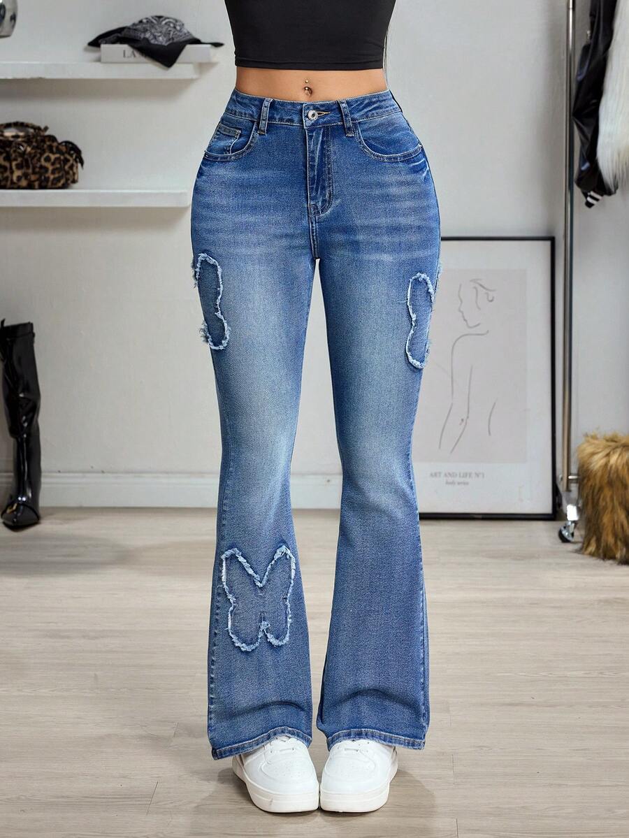 SHEIN Unity Y2K Women's Fashion Washed Embroidered Flare Jeans - Dark Wash - View 1