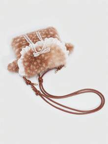 ROMWE Kawaii 1个可爱女孩毛绒单肩包，一款适合秋冬季节的毛绒小鹿单肩包，一款适合学生女孩的鹿形包包，适合秋冬季节和圣诞节 - 卡其色 - 查看 4