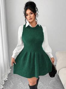 Elenzga Robe sans manches en tricot pour femmes grandes tailles, automne/hiver, avec volant à l'ourlet, robe pull de couleur unie - Vert sapin - Voir 7