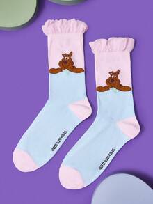SCOOBY-DOO X SHEIN 1 Đôi tất dài đến bắp chân in hình chú chó hoạt hình màu hồng và xanh tương phản dành cho nữ - Nhiều màu - Xem 2