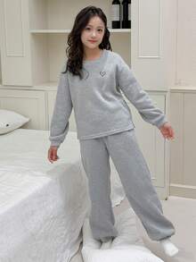 DAZY 少女秋季服装简约爱心图案抓绒针织卫衣家居服套装 - 灰色 - 查看 1