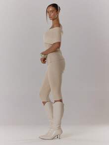 MUSERA 露肩极致翻领修身罗纹针织上衣七分裤套装，秋冬街头风酷女孩Y2K日常休闲复古风 - 杏色 - 查看 4