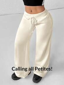 SHEIN PETITE Comfortable And Casual Plain Knitted Low-Rise Wide-Leg Women's Wide Leg Comfy Pants Satin Pants Cream Pants Silk Pants Wide Leg Sweatpants Drawstring Pants Lounge Pants - Light Yellow - View 8