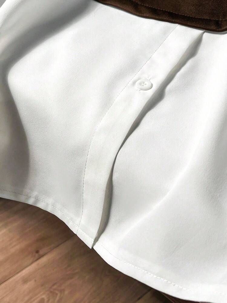 Lacomfia Women's 2 In 1 Long Sleeve Colorblock Pearl Decor Casual Comfortable Minimalist Chic Plus Size Sweatshirt - Brown - View 3