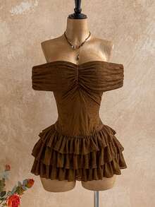 Soleia Elegant Lace Ruffle Trim Jumpsuit, Suitable For Vacation, Spring/Summer Brown - Brown - View 5