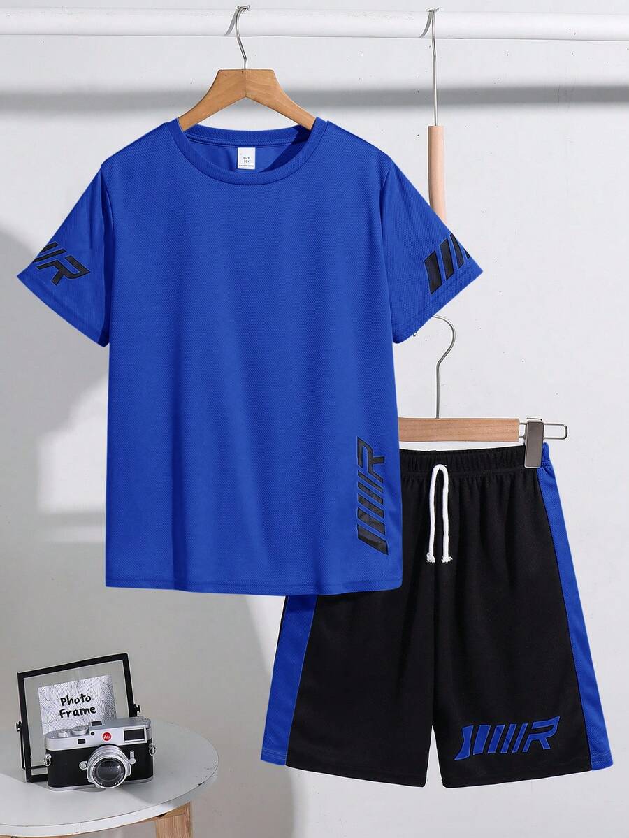SHEIN 两件套青少年男童运动纹理面料竖条纹图案短袖T恤和短裤套装 - 寶藍色 - 查看 1