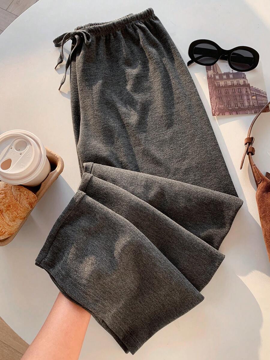SHEIN EZwear 女士抽绳腰带柔软针织宽松居家裤 - 灰色 - 查看 1