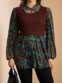 SHEIN LUNE Plus Size Women Floral Patchwork Lantern Sleeve Casual Blouse Top - Multicolor - View 4