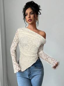 Firerie Women's Elegant Jacquard Asymmetrical Ruffle Collar Fitted T-Shirt, Suitable For Spring, Summer, Autumn - White - View 3