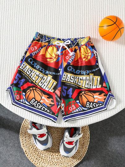 SHEIN 1pc Young Boy Casual Versatile Comfortable Basketball Graphic Colorful Print Loose Knit Shorts, Suitable For Commuting, School, Daily Casual, Vacation, Sports, Spring, Summer, Fall, Winter, Back To School Season