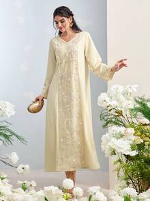 Al Najma 女士优雅亮片刺绣拼接阿拉伯风格连衣裙 - 綠色 - 查看 5