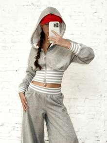 INAWLY 2pcs Women Striped Patchwork Zip-Up Hoodie Sweatshirt Set, Slimming Casual - Grey - View 4