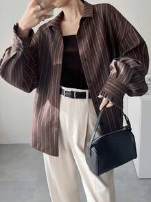 FRIFUL Women's Striped Lapel Drop Shoulder Long Sleeve Loose Casual Versatile Shirt, Autumn/Winter - Brown - View 8