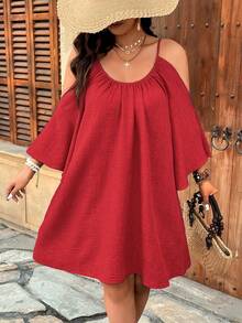 SHEIN Clasi Plus Size Round Neck Ruched Pleated Split Flare 3/4 Sleeve Casual A-Line Midi Dress  Day - Red - View 5