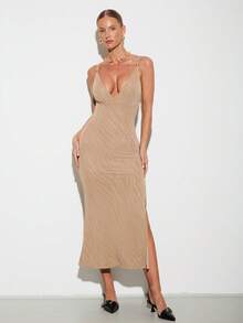 Nuvra 女士优雅性感V领无袖长裙 - 咖啡 - 查看 8