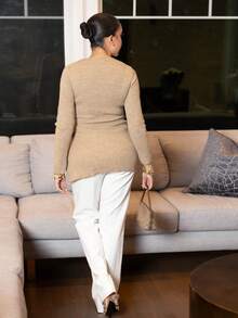 Melissa Matos Wrap Knot Side Sweater,Long Sleeve Tops, Fall And Winter, Elegant, Camel, Longsleeve,Bandage - Khaki - View 2