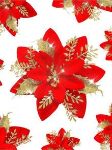 10/20/30PCS Poinsettia Christmas Decorative Flowers (With Clips) – Artificial Red/Gold/Silver Glittery Flowers, Perfect For Christmas Tree/Wreath/DIY Garland/New Year/Wedding/Party Decorations Glittery Poinsettia Christmas Ornaments (1-30PCS, With Clips) – Artificial Red/Gold/Silver Flowers, Ideal For - Red Gold - View 5