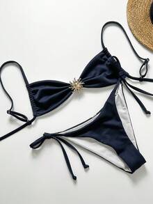 Swim Vcay Bộ bikini hở lưng họa tiết vải trơn màu trang trí kim loại dành cho nữ, thích hợp đi biển và nghỉ dưỡng - Màu xanh hải quân - Xem 7