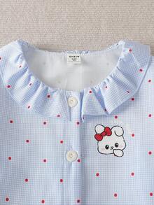 两件套女童波点格纹印花梭织开衫，带领子和荷叶边，长袖上衣和裤子睡衣套装，春秋季 - 藍色 - 查看 6