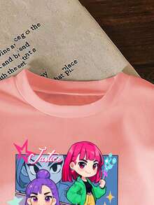 2件套少女KPOP女团印花休闲简约粉色圆领短袖T恤和黑色短袖裤，配套套装