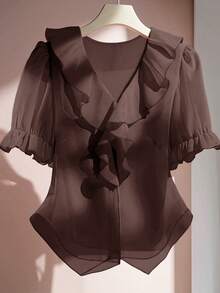 SHEIN Clasi Áo kiểu dáng thanh lịch tối giản, màu trơn, cổ chữ V, tay ngắn, viền bèo nhún, cỡ lớn. - màu nâu - Xem 1