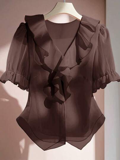 SHEIN Clasi Plus Size Solid Color V-Neck Short Sleeve Ruffle Hem Elegant Minimalist Blouse