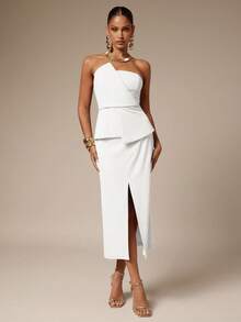 Silquee Bộ đồ thời trang nữ màu trơn gồm áo quây và chân váy xẻ tà. - trắng - Xem 5