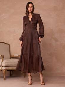 Enchnt Robe ajustée à manches lanternes froncées à la française - Kaki - Voir 6