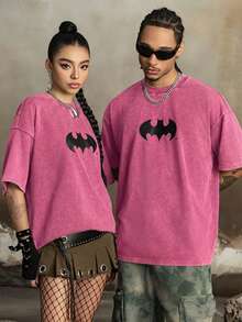 BATMAN X SHEIN Men's Casual Bat Print Round Neck Short Sleeve T-Shirt, Summer