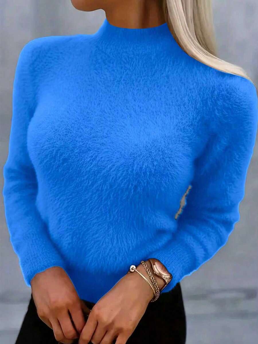 INAWLY Women's Solid Color Crew Neck Long Sleeve Casual Sweater, Autumn/Winter - Blue - View 1