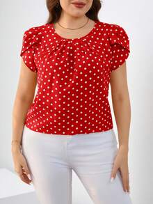 SHEIN Clasi 大码波点印花荷叶边圆领休闲短袖衬衫 - 紅色 - 查看 1
