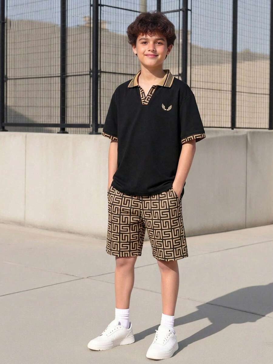 Vacaura Set de 2 piezas de camisa y pantalones cortos casuales y con estilo retro con estampado floral para niños, adecuado para salidas diarias de primavera y verano