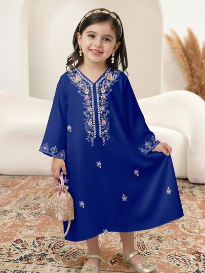 SHEIN 经典靛蓝色花卉刺绣优雅复古休闲端庄长袍，适合春夏年轻女孩穿着，优雅长袖连衣裙，祈祷长袍，舒适休闲，度假风，端庄卡夫坦长袍，儿童长袍