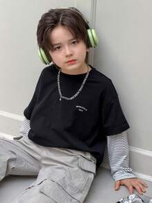 DAZY Young Boy Letter Print 2 In 1 Striped Casual T-Shirt - Black - View 11