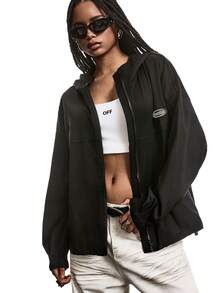 LYSMO 秋冬季字母拼接细节落肩拉链连帽外套 - 黑色 - 查看 3