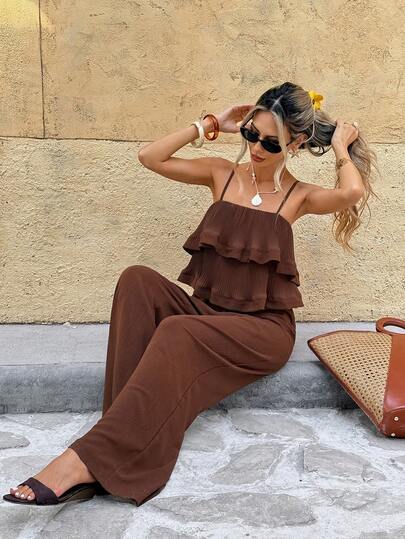 Serisse Women's Summer Casual Fashionable Resort Style Solid Color Layered Ruffle Strap Wide Leg Jumpsuit,French Summer Spaghetti Strap Brown Pleated Ruffle Waist Slimming Wide Leg Jumpsuit, Vacation Casual Wear, Elegant Slimming Leisure Commute Versatile,Summer Outfit For Women,Valentine's Day Outfit, Fasching Women Costume,Party Outfit,Beach Outfit,Going Out Outfits,Vacation Outfits For Women ,Casual Outfit For Women,Brown Outfit