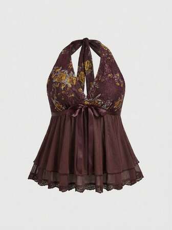 Fairycore Vestito babydoll con stampa floreale in pizzo vintage, taglia grande, con fiocco al collo a canottiera