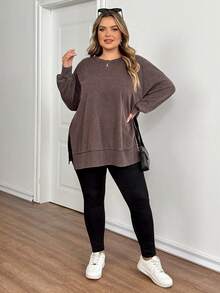 SHEIN CURVE+ Plus Size Solid Color Round Neck Casual Versatile Long Sleeve Sweatshirt Thanksgiving New Year - Brown - View 4