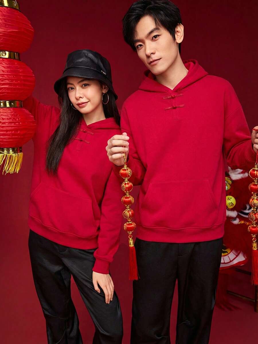 SWAVVY Áo hoodie nam kiểu Trung Quốc màu trơn, cài khuy hình ếch, thích hợp cho mùa Thu/Đông. - Đỏ - Xem 1