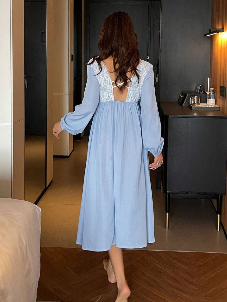 Romantic Contrast Color Lace Patchwork Lantern Sleeve Waist Cinched Long Women Nightgown