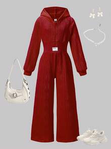 Sparklyn 女童休闲杏色提花针织连帽拉链高腰连体裤，适合日常外出穿着 - 酒紅色 - 查看 6