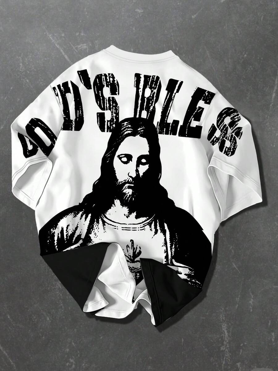 Manfinity Dauomo 男士字母和数字印花圆领短袖休闲T恤 - 白色 - 查看 1