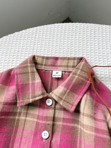 Playful Pals 2pcs/Set Girls Casual Striped Long Sleeve Collared Shirt And Embroidered Denim Pants Set, Suitable For Spring, Autumn, Winter, Outdoor, School, Daily Wear - Pink - View 4