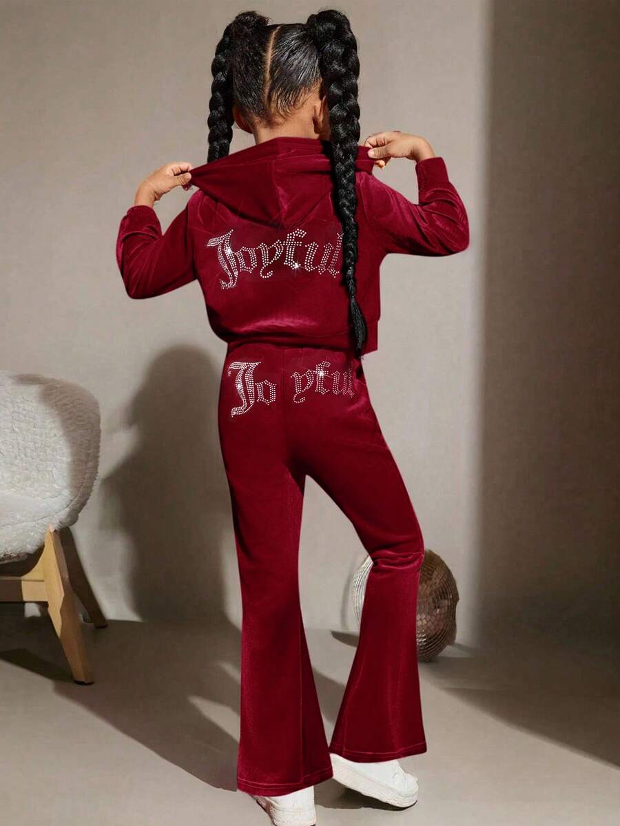 SHEIN Tween女孩酒紅色復古兩件套：短版連帽毛絨秋季外套 + 喇叭褲，休閒時尚套裝，加厚適合外出 - 酒紅色 - 查看 1