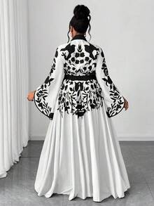Maweii Vestido maxi elegante de manga larga con cuello en V y estampado floral, talla grande - Blanco y Negro - Ver 2