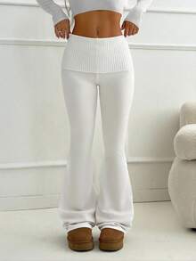 SHEIN PETITE Apricot Tight Waist Flare Pants, Minimalist Commute, Home, Casual Wear Young Women Knit Pants Bell Bottom Pants Yoga Pants Flared Leggings Flared Sweatpants Pants Flare Leg Autumn Winter Clothes For Women Women White Pants White Flare Pants - White - View 5
