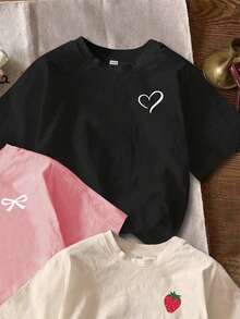 Attitoon Set de 3 camisetas de mujer de manga corta, cuello redondo, ajustadas y cortas con gráficos minimalistas casuales de corazón, lazo y fresa - Multicolor - Ver 4